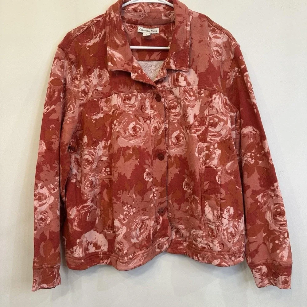 Womens Coldwater Creek 100% Cotton Light Dressy Jacket‎ Rose Pink Pink Button XL